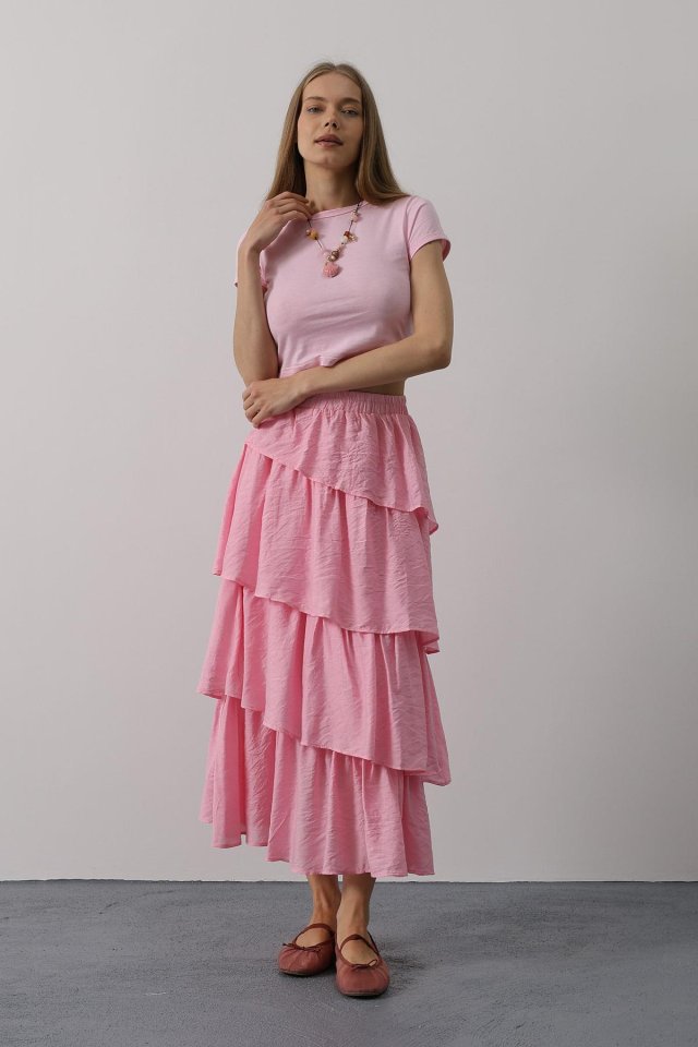 Katlı Kesim Uzun Etek - Pembe