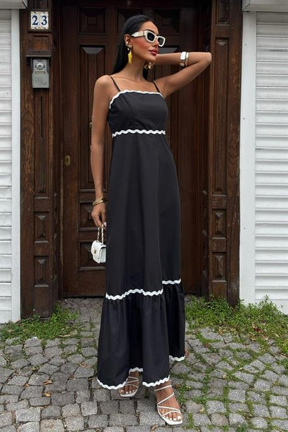 Dalgalı Şerit Detay Askılı Poplin Elbise 2876