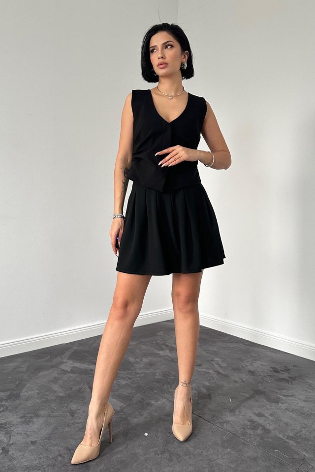 Siyah Pilikaşe Mini Etek