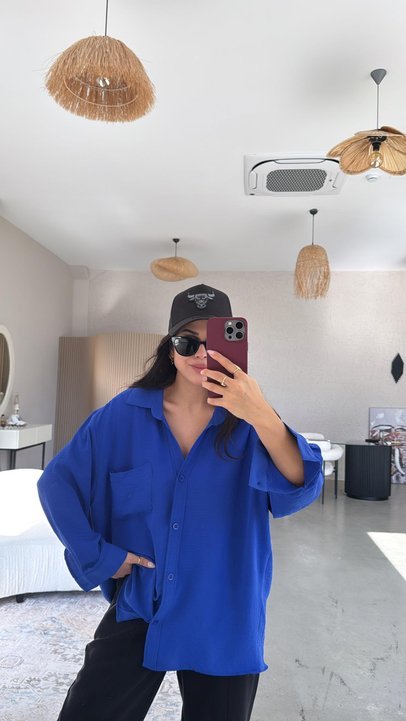 Kadın Flamlı Keten Tek Cep Oversızed Gömlek