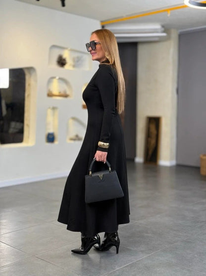 Kadın Balıkçı Yaka Damla Detaylı Yırtmaçlı Uzun Viskon Iki Iplik Maxi Elbise