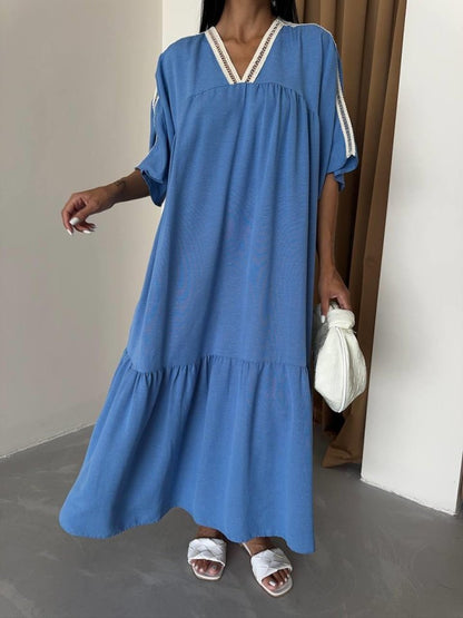 YAKA-KOL HASIR BİYE ŞERİTLİ KETEN SALAŞ ELBİSE - Mavi