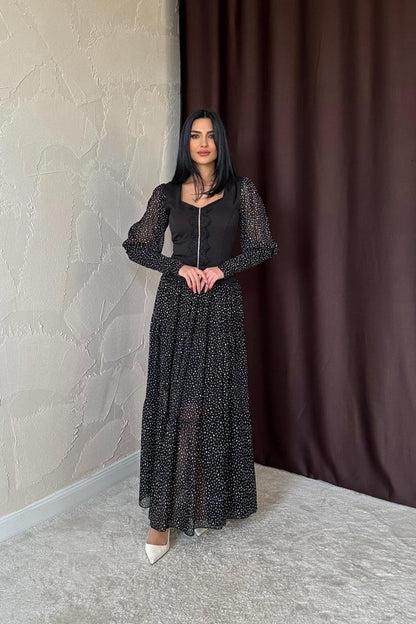 Siyah Dantelli Taşlı Şeritli Elbise