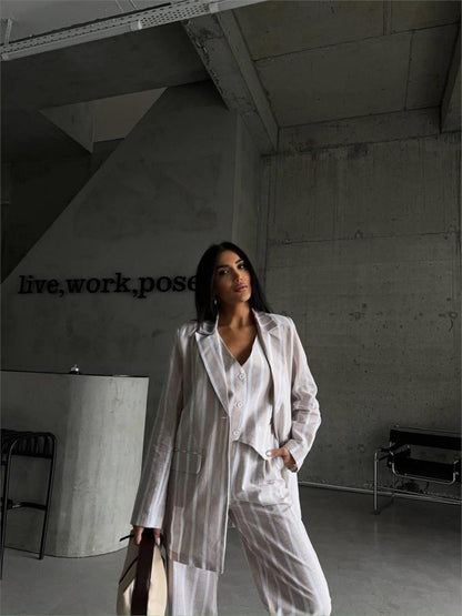 ÇİZGİLİ KETEN YELEK-PANTOLON TAKIM - Bej