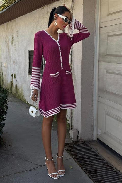 Triko Kolları Püsküllü Düğmeli Elbise 2849