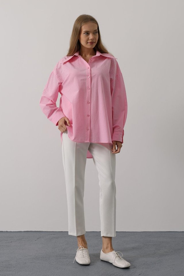 Taşlı Sivri Yaka Gömlek - Pembe