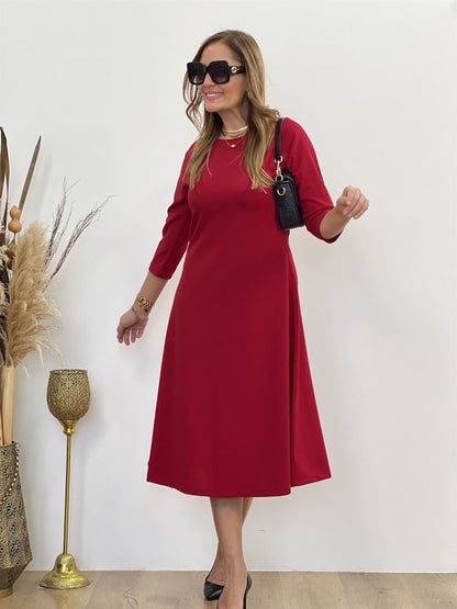 Kadın Uzun Truvakar Kol Bisiklet Yaka Midi Modal Elbise