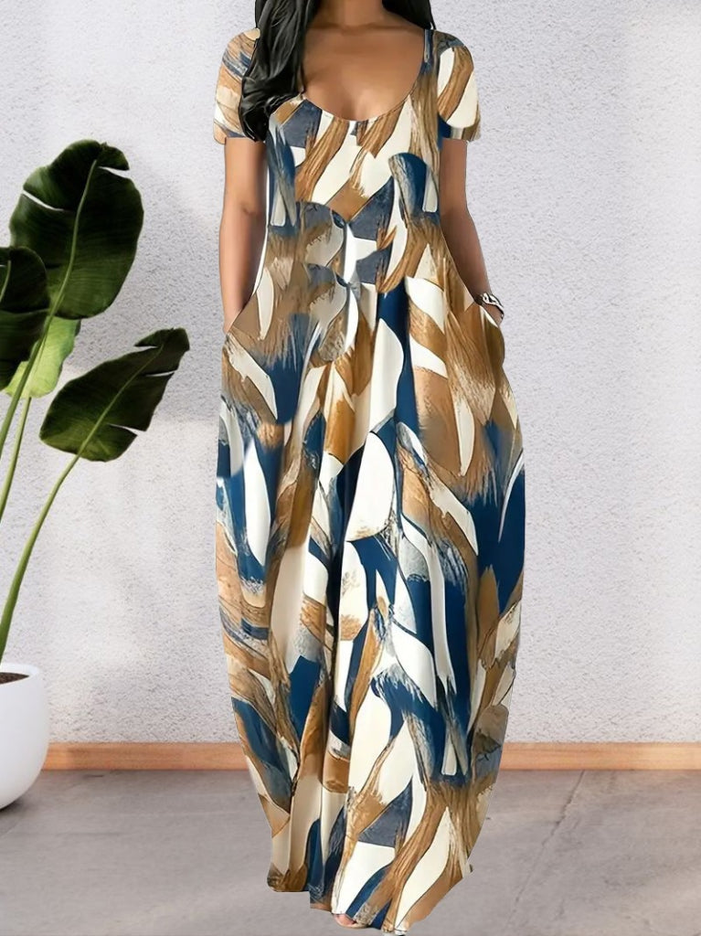 Kadın Kısa Kollu Yuvarlak Yaka Cepli Salaş Baskılı Süprem Elbise