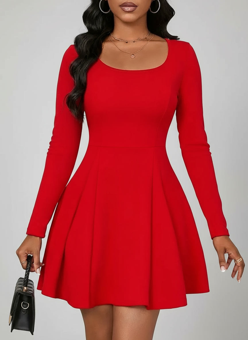 Kadın Uzun Kollu Kare Yakalı Mini Ithal Krep Elbise