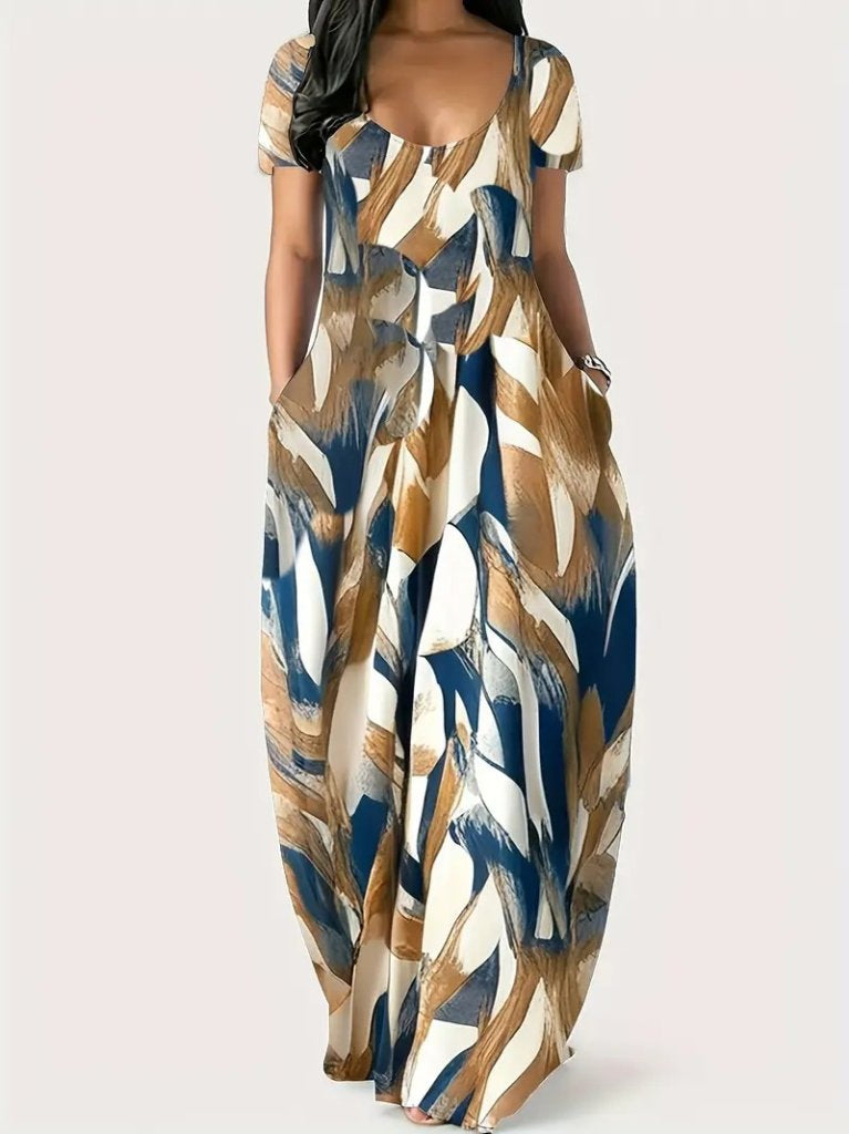 Kadın Kısa Kollu Yuvarlak Yaka Cepli Salaş Baskılı Süprem Elbise