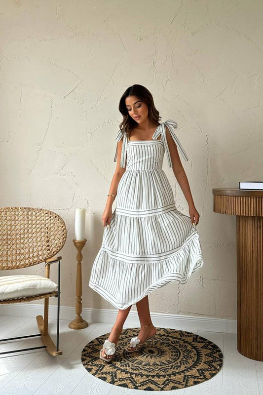 Mint Omuzdan Bağlamalı Çizgili Elbise