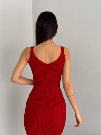 Kadın Delikli Kazak Askılı Elbise Triko Kumaş Ikili Takım