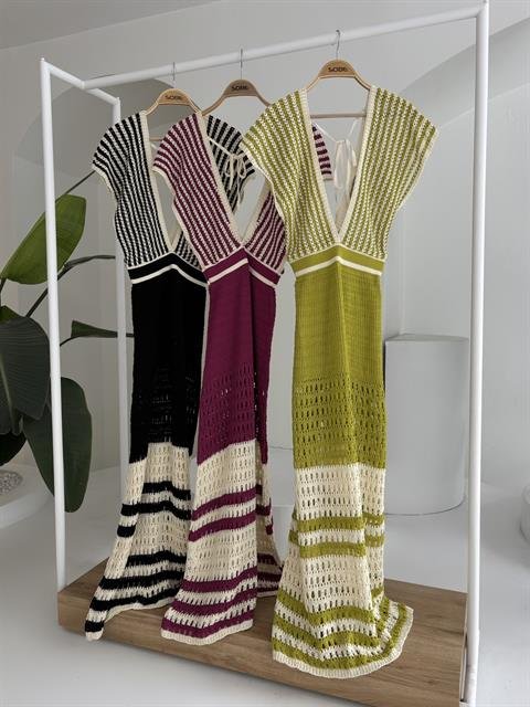 Omuzu Çizgili Ajurlu Triko Elbise 2868