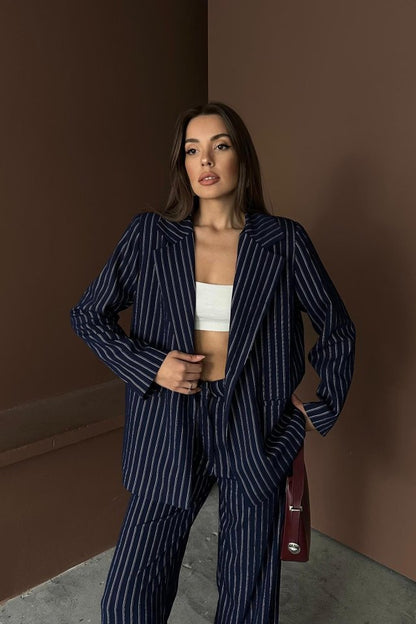 Lacivert Çizgili Ceket Ve Pantolon Takım