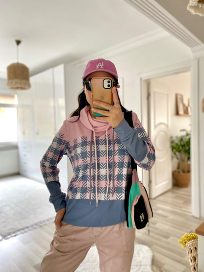 Kadın Uzun Kollu Balıkçı Yaka Bağcıklı Desenli şardonlu Dalgıç Bluz