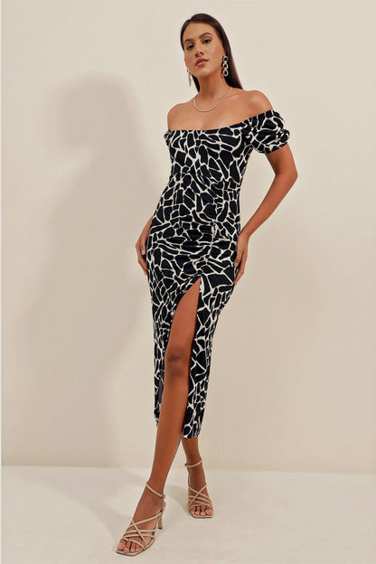 2396 Yırtmaçlı Yazlık Örme Elbise - A.Siyah