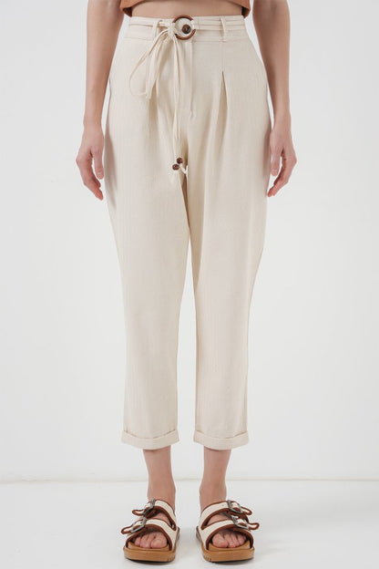6660 Kemerli Keten Pantolon - Krem