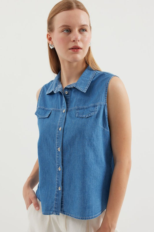 20257 Sıfır Kol Kot Gömlek - Lacivert