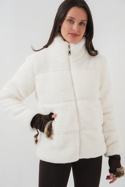 5178 Astarlı Peluş Mont - Beyaz