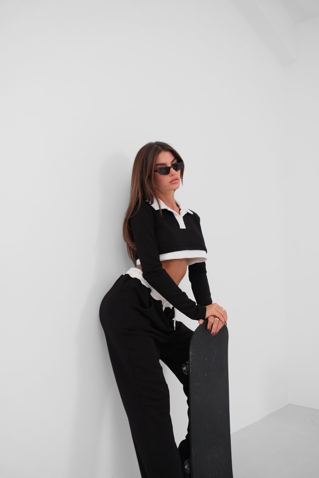 Polo Yaka Garnili Crop Sweatshirt