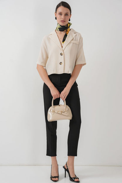 0706 Crop Keten Ceket - M. Krem