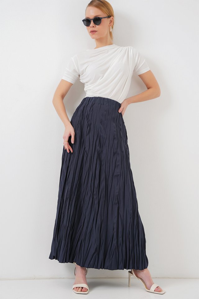 Uzun Kırışık Etek 8042 - Lacivert