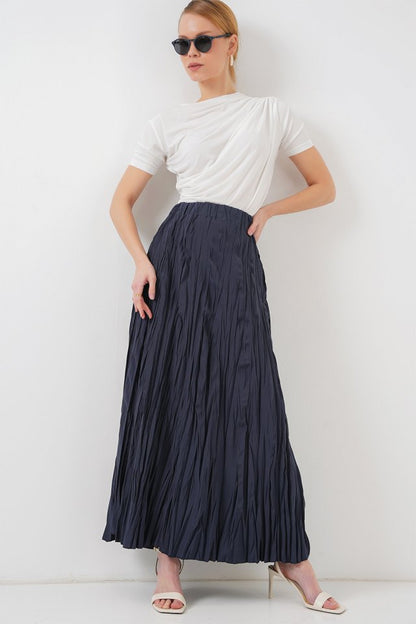 Uzun Kırışık Etek 8042 - Lacivert