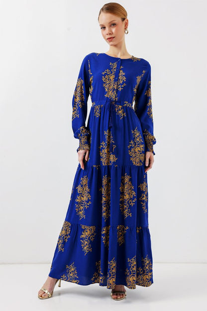 2145 Desenli Tesettür Elbise - Saks