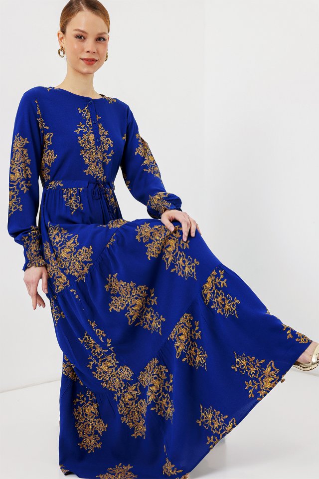 2145 Desenli Tesettür Elbise - Saks