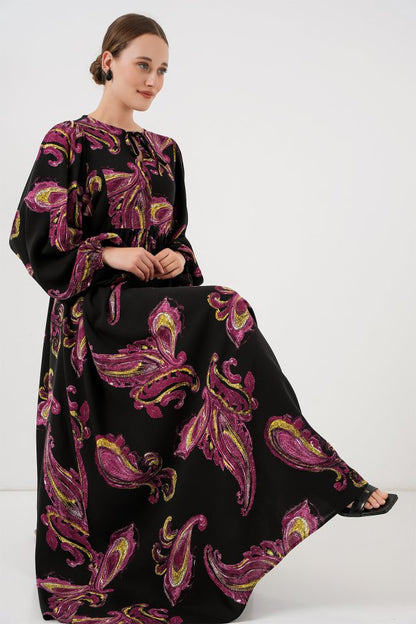 Balon Kol Uzun Tesettür Elbise 2464 - Y.Fuşya