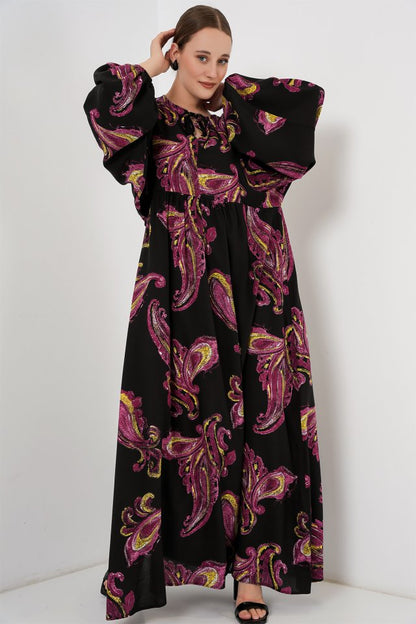 Balon Kol Uzun Tesettür Elbise 2464 - Y.Fuşya