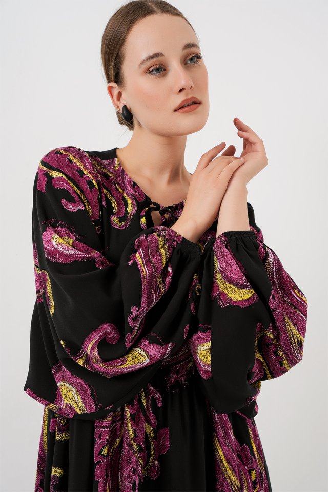 Balon Kol Uzun Tesettür Elbise 2464 - Y.Fuşya