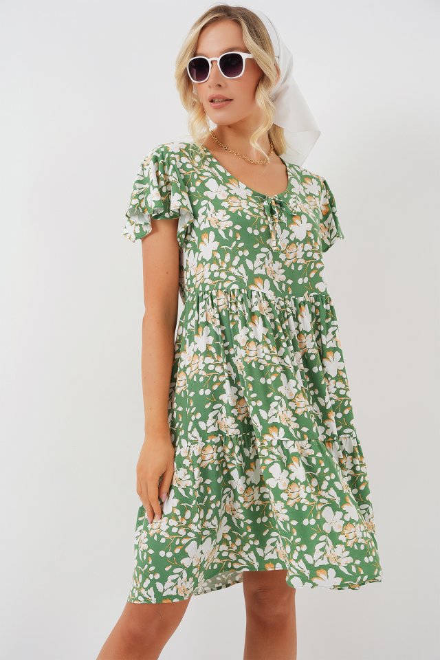 2352 V Yaka Kısa Elbise - M. Yeşil