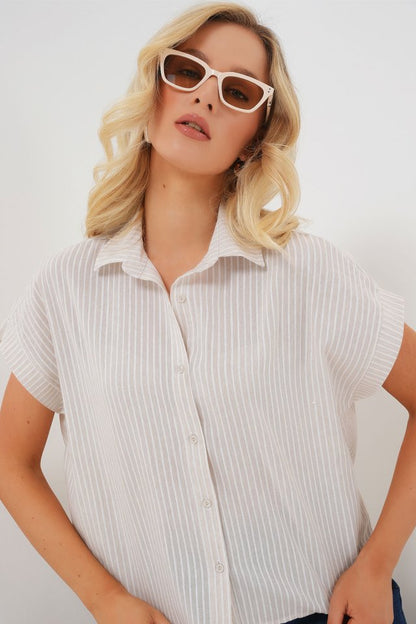 Çizgili Kısa Kol Gömlek 20324 - Krem