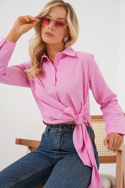 Bağlamalı Uzun Kol Gömlek 20325 - Pembe