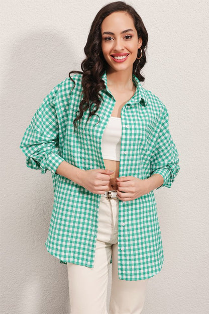 3900 Oversize Kareli Gömlek - Y.Yeşil