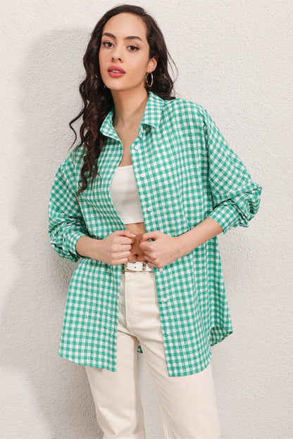 3900 Oversize Kareli Gömlek - Y.Yeşil