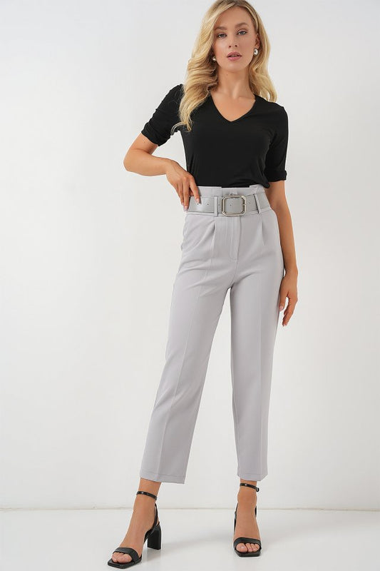 6556 Kemerli Kumaş Pantolon - Gri