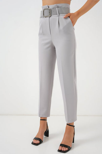 6556 Kemerli Kumaş Pantolon - Gri