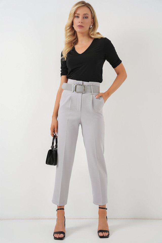 6556 Kemerli Kumaş Pantolon - Gri