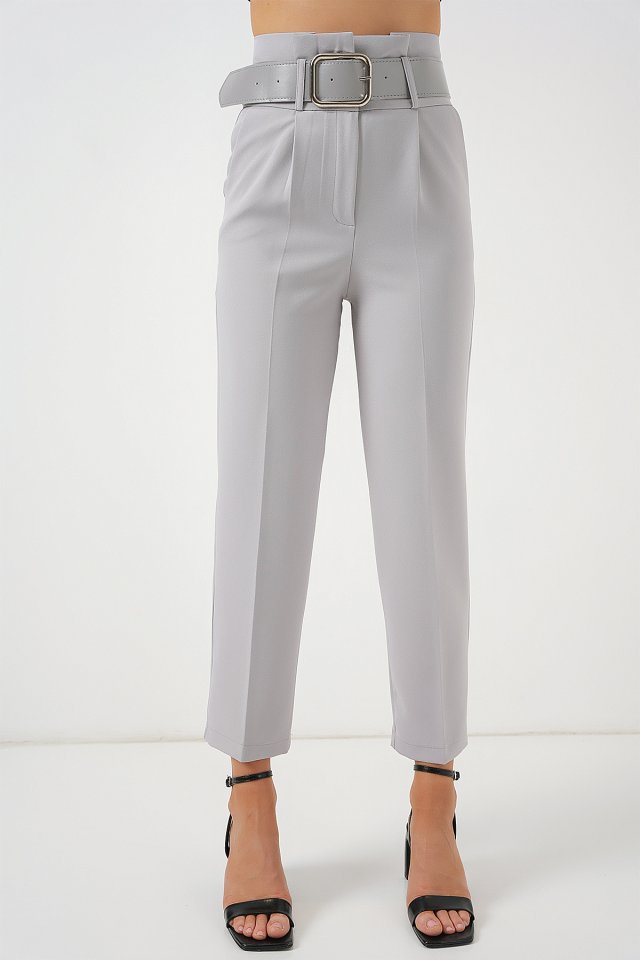 6556 Kemerli Kumaş Pantolon - Gri