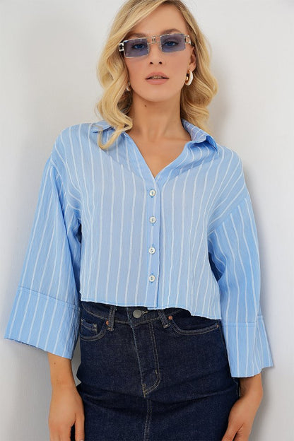 Çizgili Oversize Kısa Gömlek 20326 - Mavi