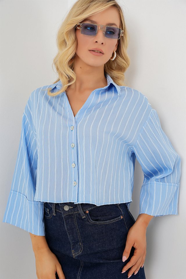 Çizgili Oversize Kısa Gömlek 20326 - Mavi
