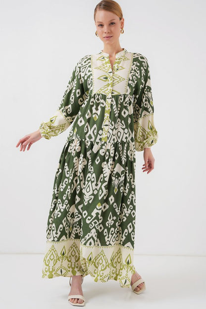 2423 Otantik Desenli Tesettür Elbise - B. Haki