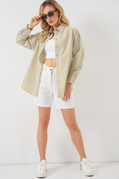 Çizgili Oversize Gömlek 20332 - Çağla