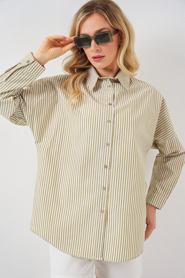 Çizgili Oversize Gömlek 20332 - Çağla