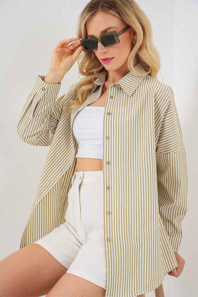 Çizgili Oversize Gömlek 20332 - Çağla