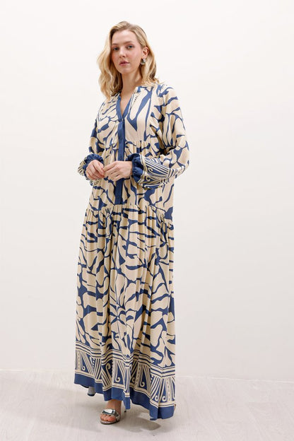 2423 Otantik Desenli Tesettür Elbise - C. İndigo