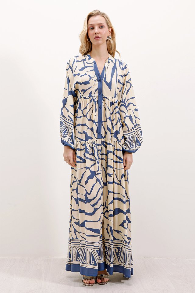 2423 Otantik Desenli Tesettür Elbise - C. İndigo