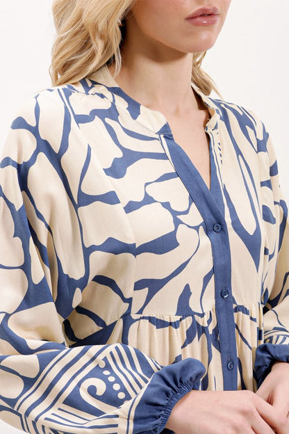 2423 Otantik Desenli Tesettür Elbise - C. İndigo